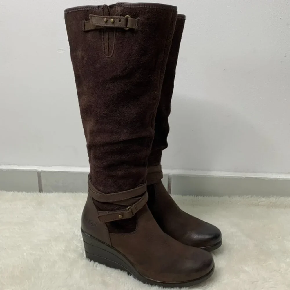 UGG 1005266 Women's Waterproof Lesley Uptown Knee High Wedge Boots Brown Size 6